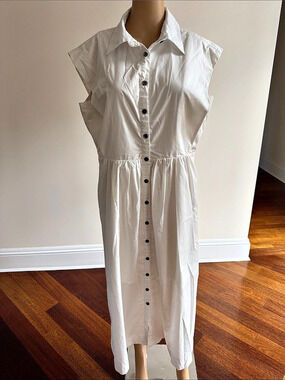 Foravi White Sleeveless Button Front Cotton Shirt Dress Maxi
